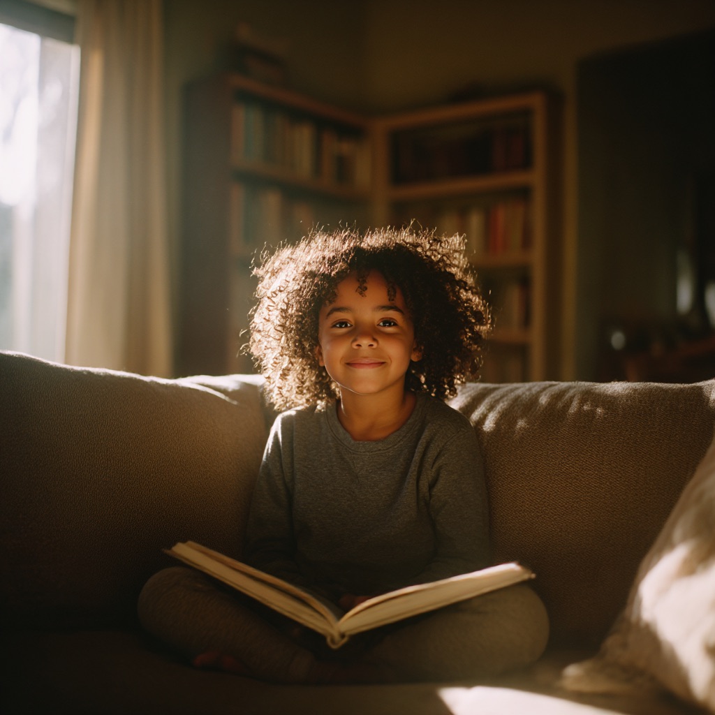 Young girl reading confidently, backlit by warm sunlight