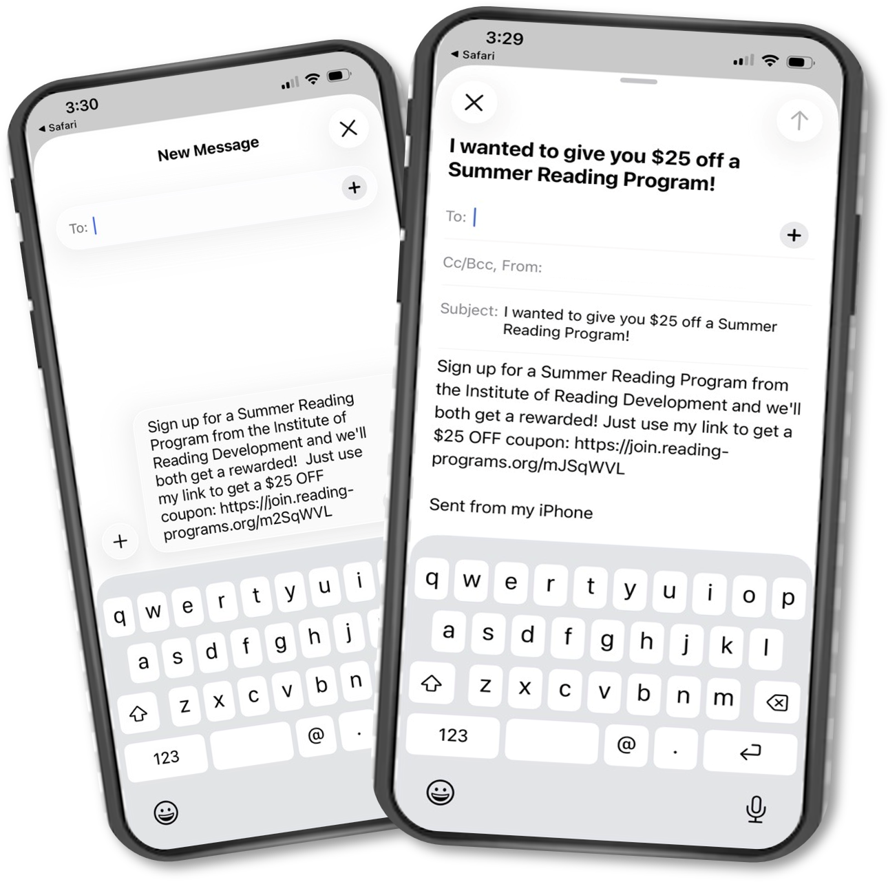 Image of two smart phones with text messages on them, illustrating how the referrals work.