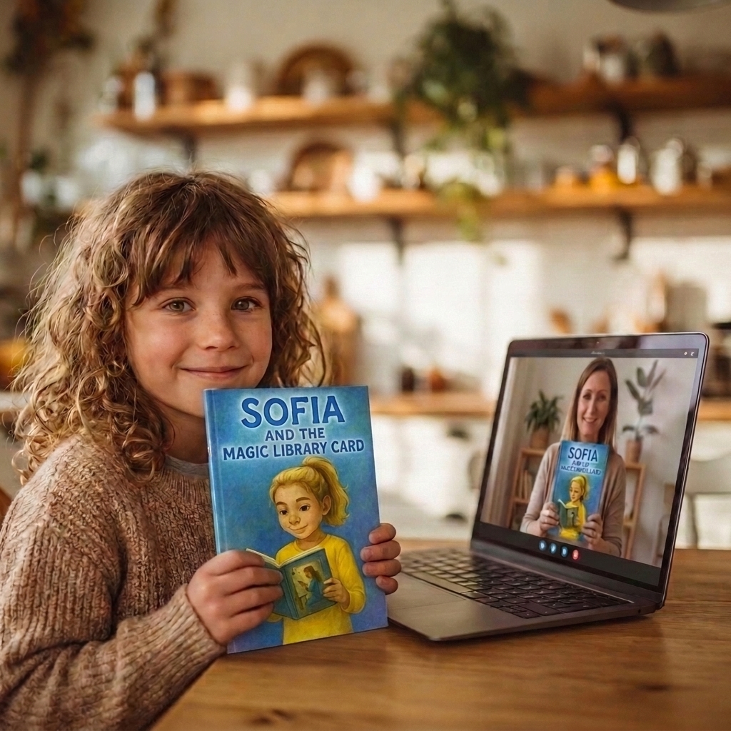 A child holding her IRD book, with her live teacher on the laptop holding the same book
