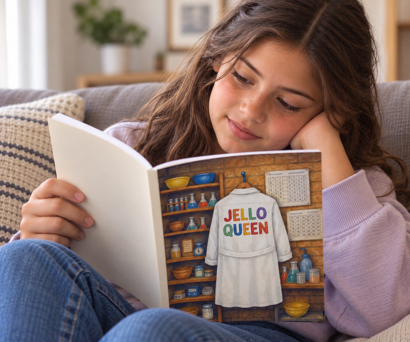A girl reading the printed book Jello Queen, part of the Skilled Readers Library