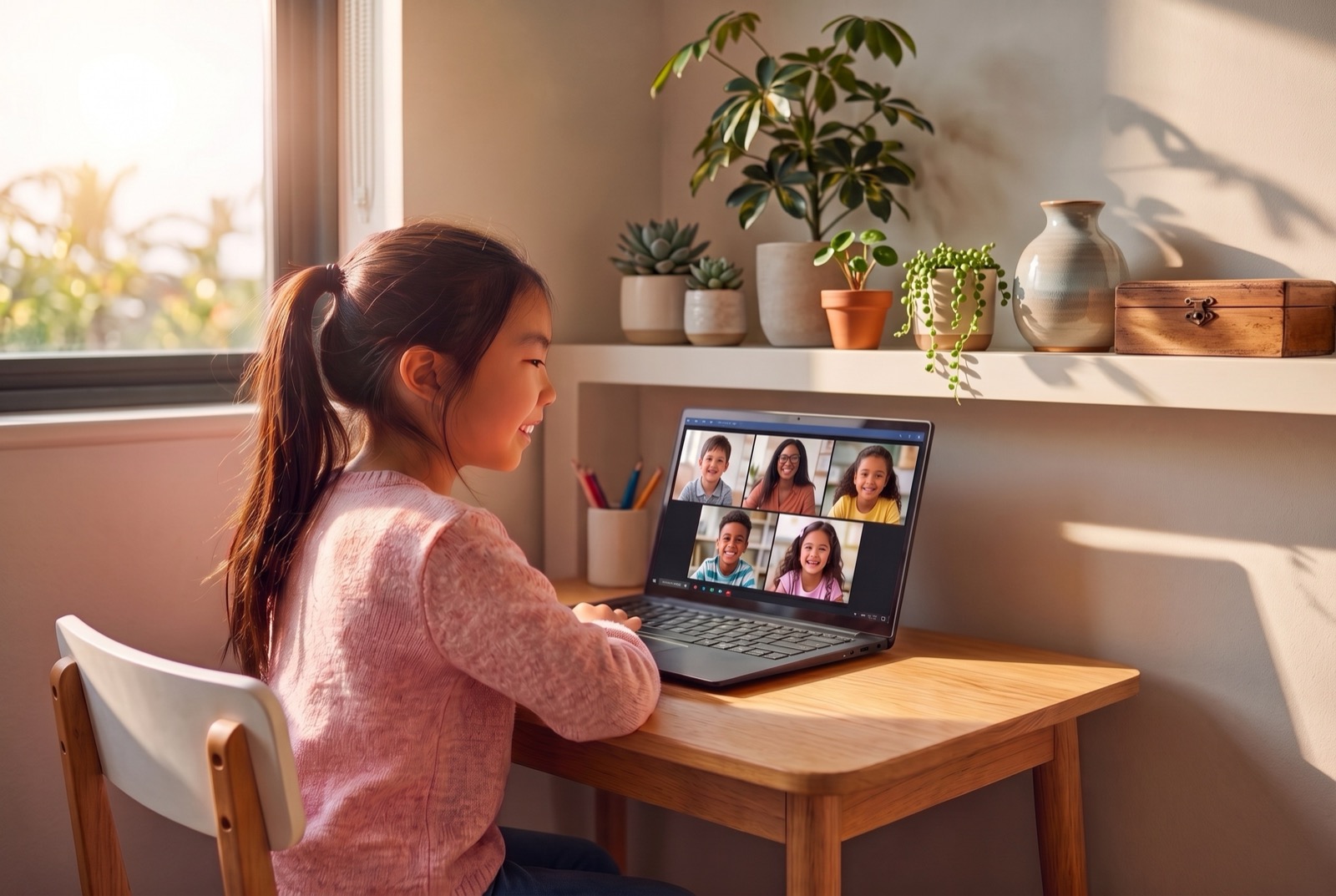 Elementary girl in a live small-group reading class