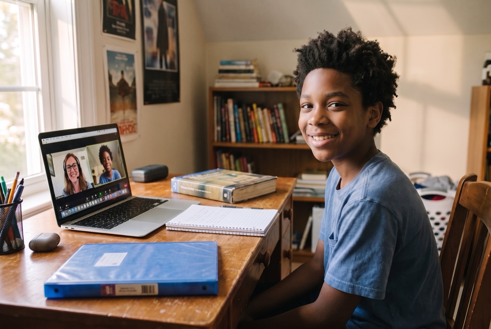 Middle school student in a one-on-one online reading class