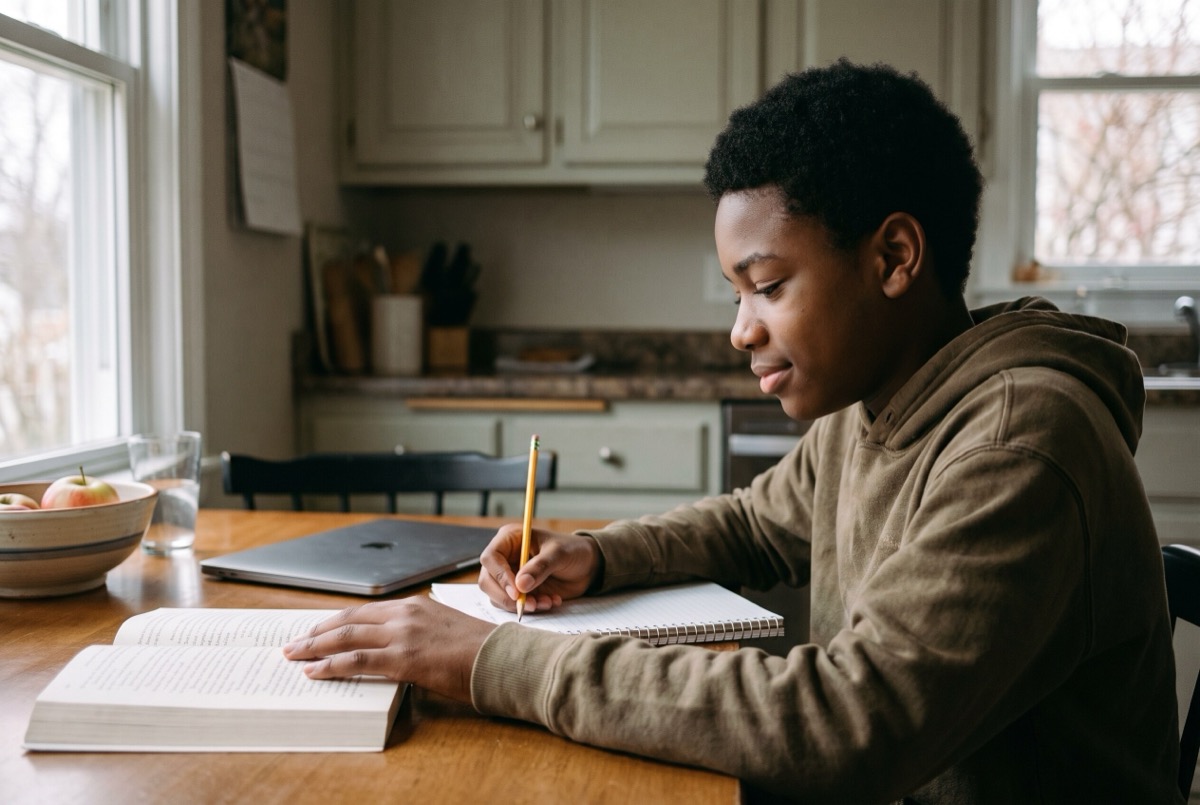 An eighth-grade boy working on his own at the kitchen table between classes, an open paperback under one hand and a pencil in the other as he writes in a spiral notebook, his laptop closed on the table behind the book