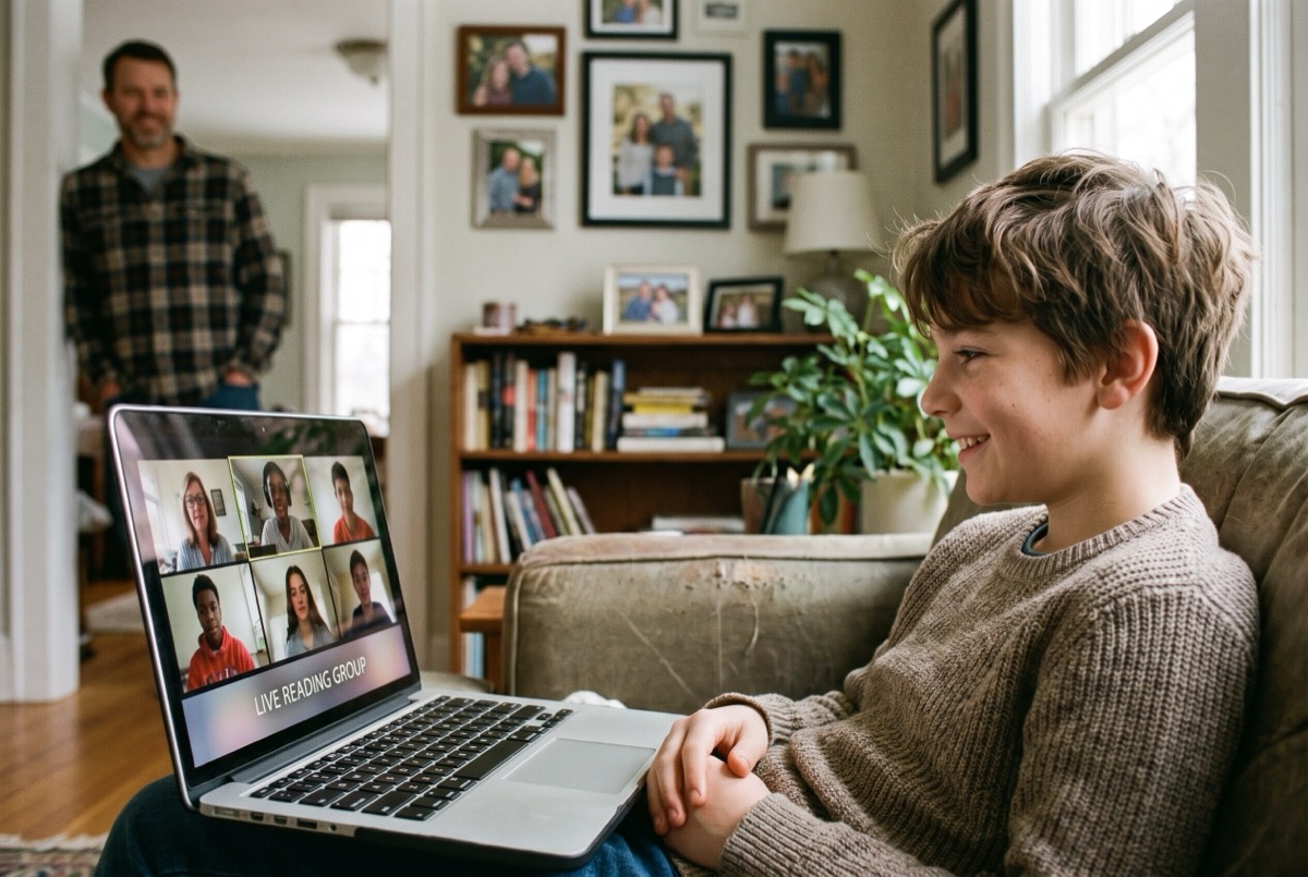 A seventh-grade boy on the living-room sofa in a live small-group online reading class, his dad watching from the doorway behind him