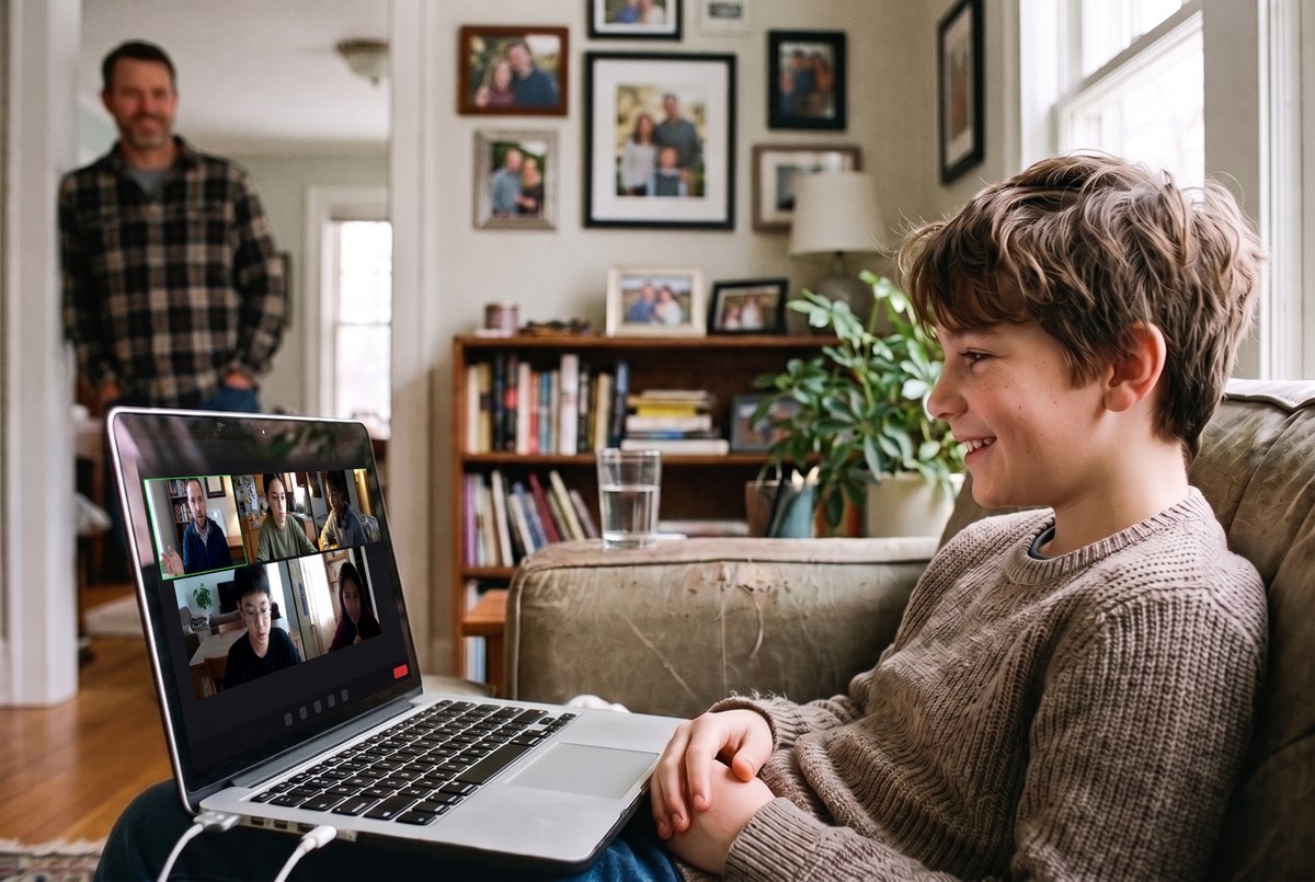 A seventh-grade boy on the living-room sofa in a live small-group online reading class, his dad watching from the doorway behind him