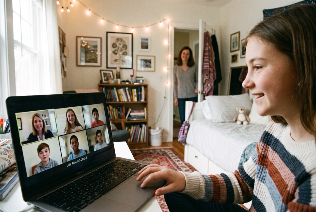 A seventh-grade girl at her bedroom desk in a live online reading group, her teacher and five classmates on screen and her mom in the doorway behind her