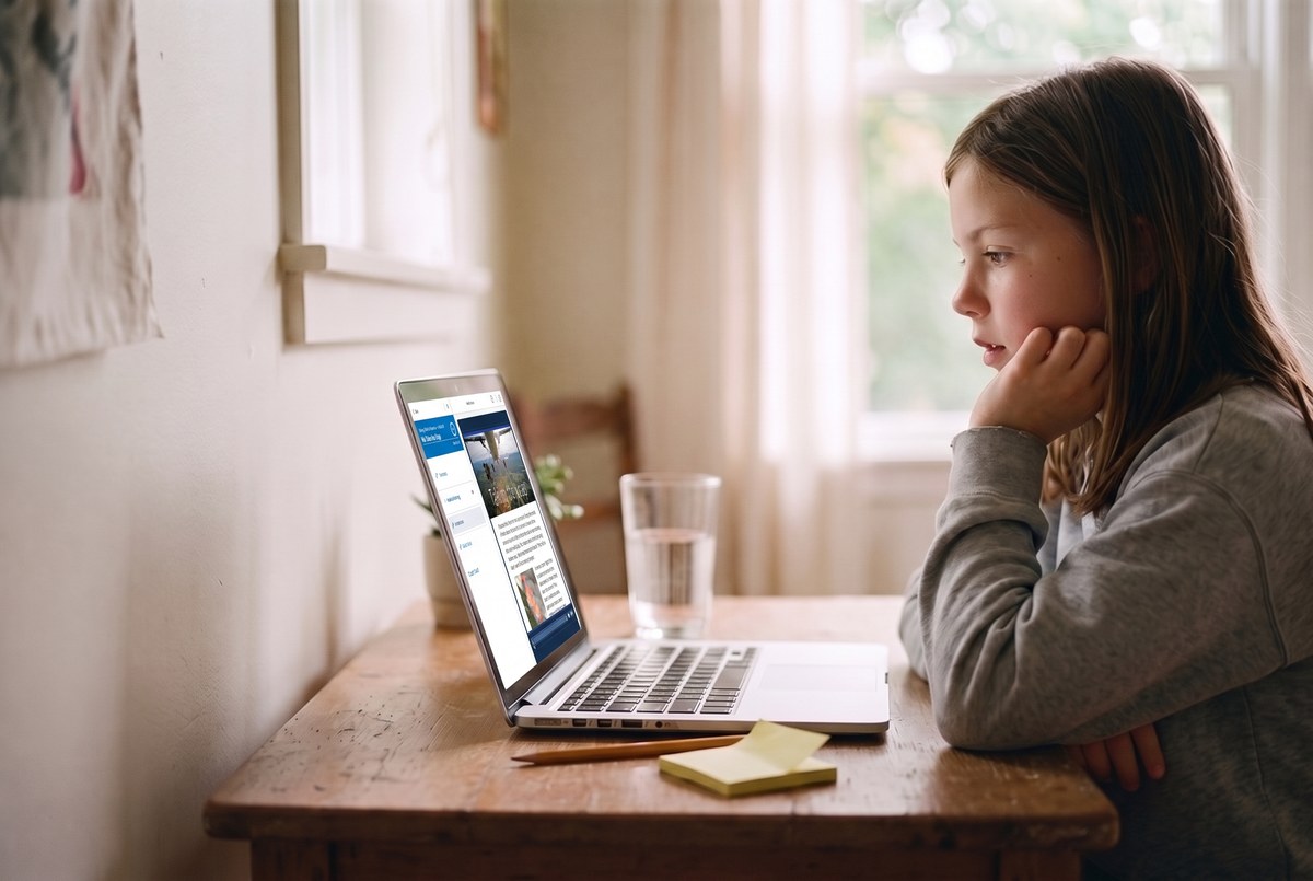 A middle-school-aged girl on her own at a small wooden table by a window, looking at her laptop screen with her chin in her hand