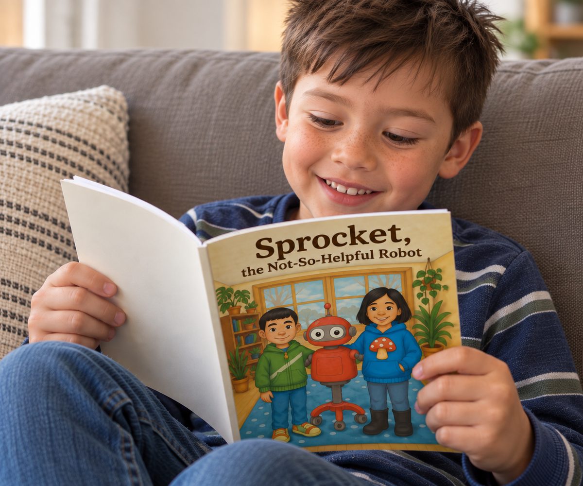 A boy smiling while reading the printed book Sprocket, the Not-So-Helpful Robot