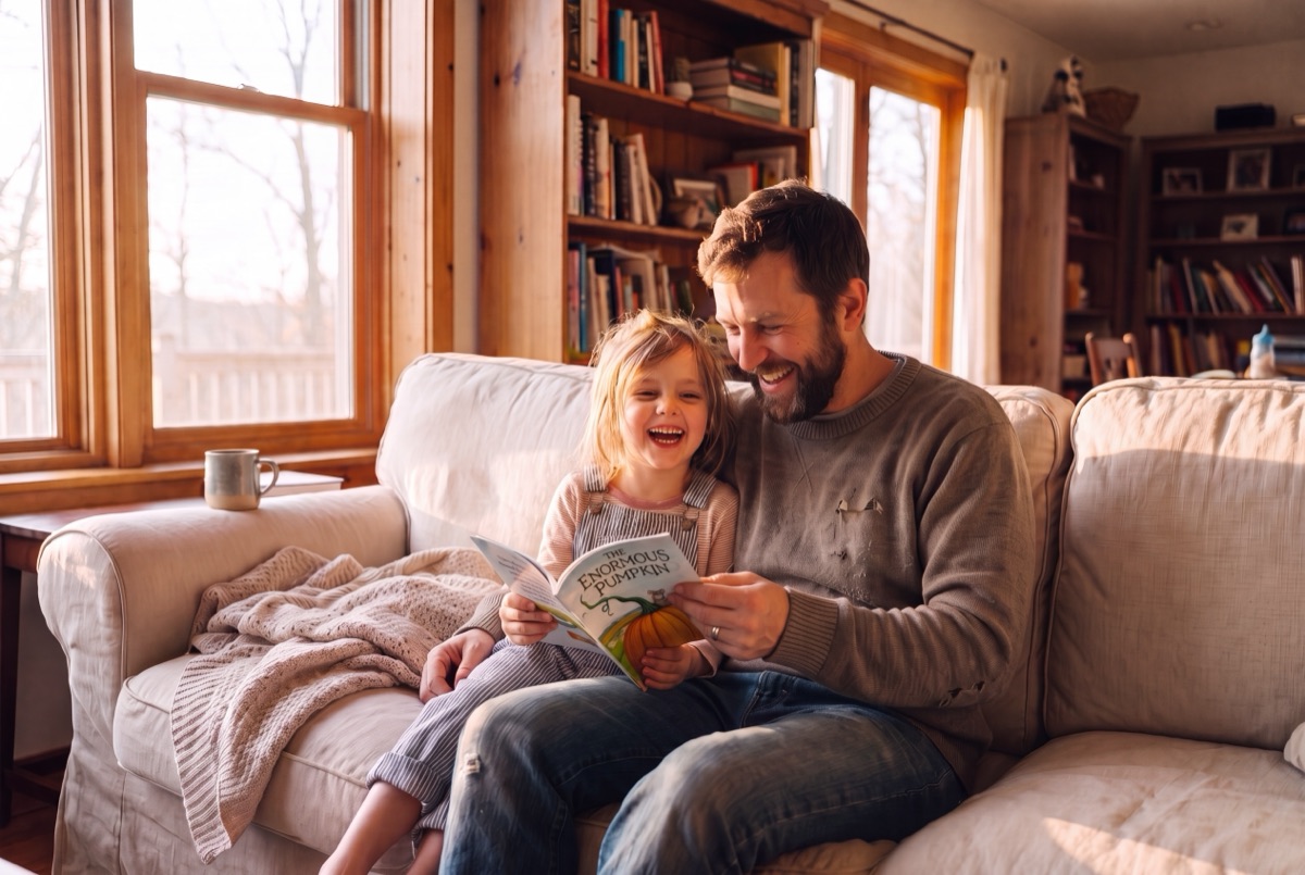 A father smiling with pride as his daughter laughs over a book they are reading together
