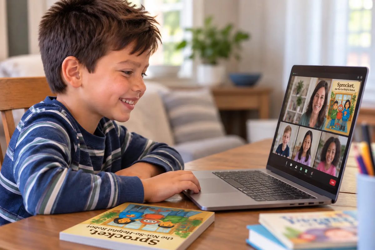 A boy at a laptop in a live online reading class, with his teacher and classmates on screen and his printed book on the table
