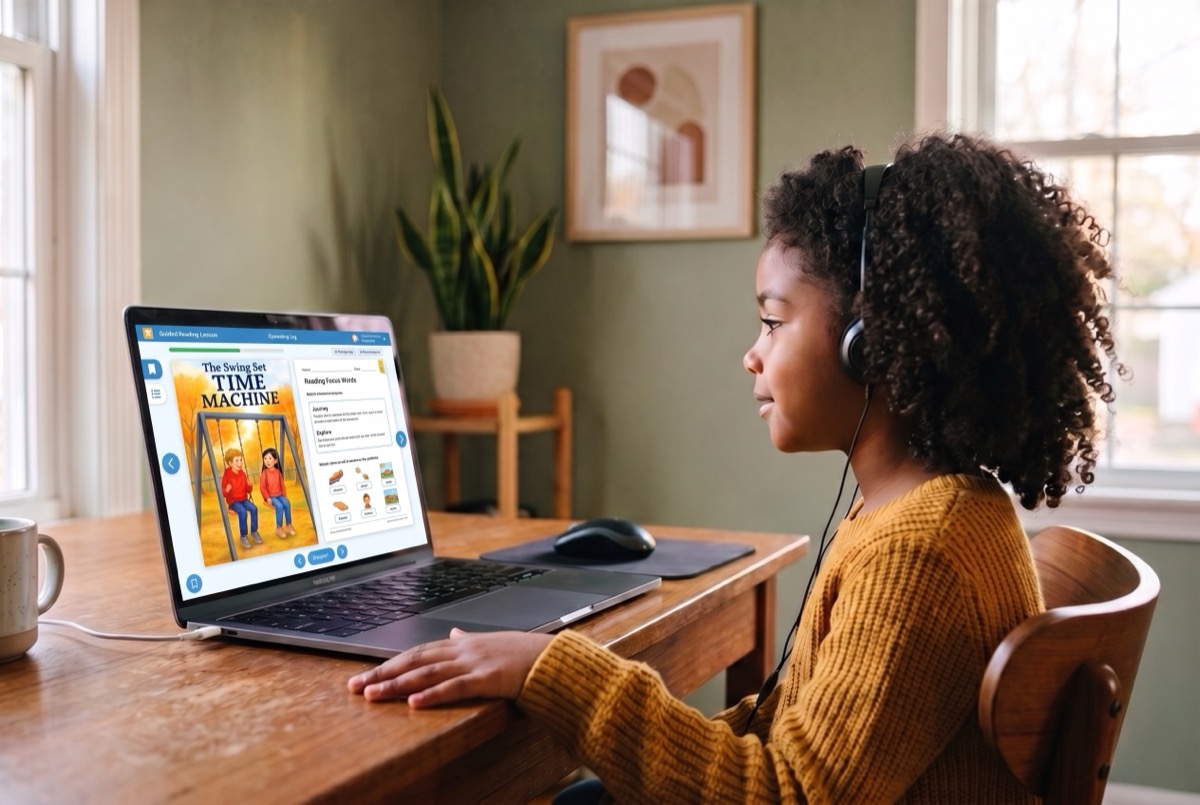 A girl doing guided reading practice on an online lesson between live classes