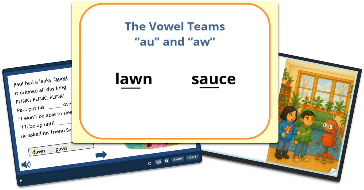 Three screens from a between-class online lesson: a phonics practice screen, a vowel-teams skills-check screen, and the story from Sprocket, the Not-So-Helpful Robot