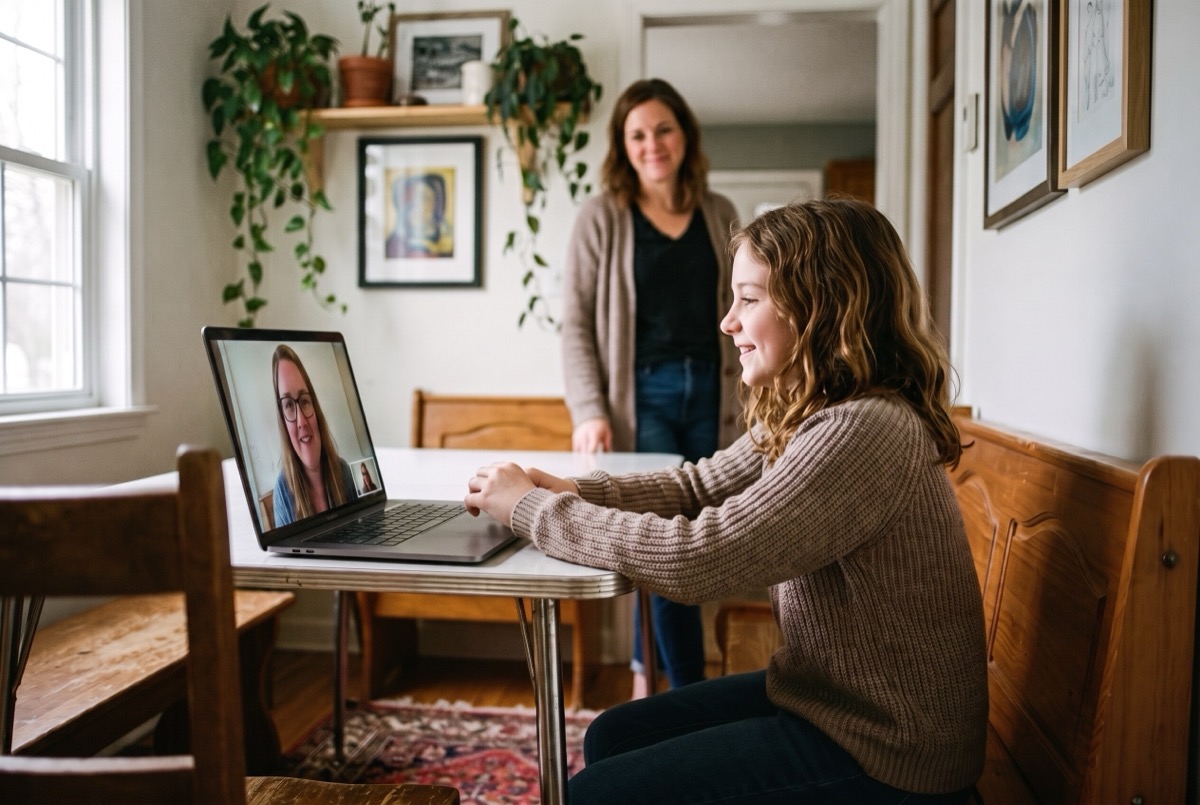 An eighth-grade girl at the dining table in a one-on-one online tutoring session with her teacher