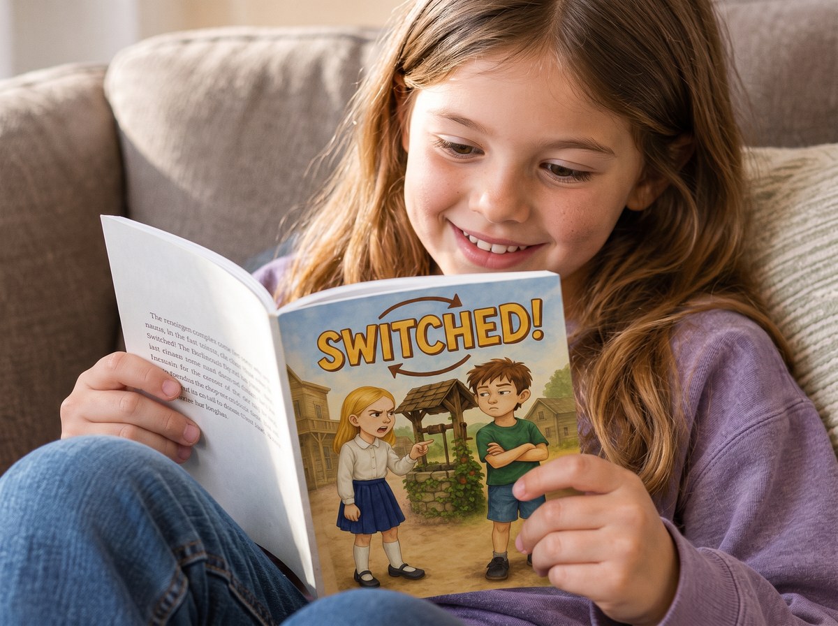 A girl reading the printed book Switched! on the couch at home