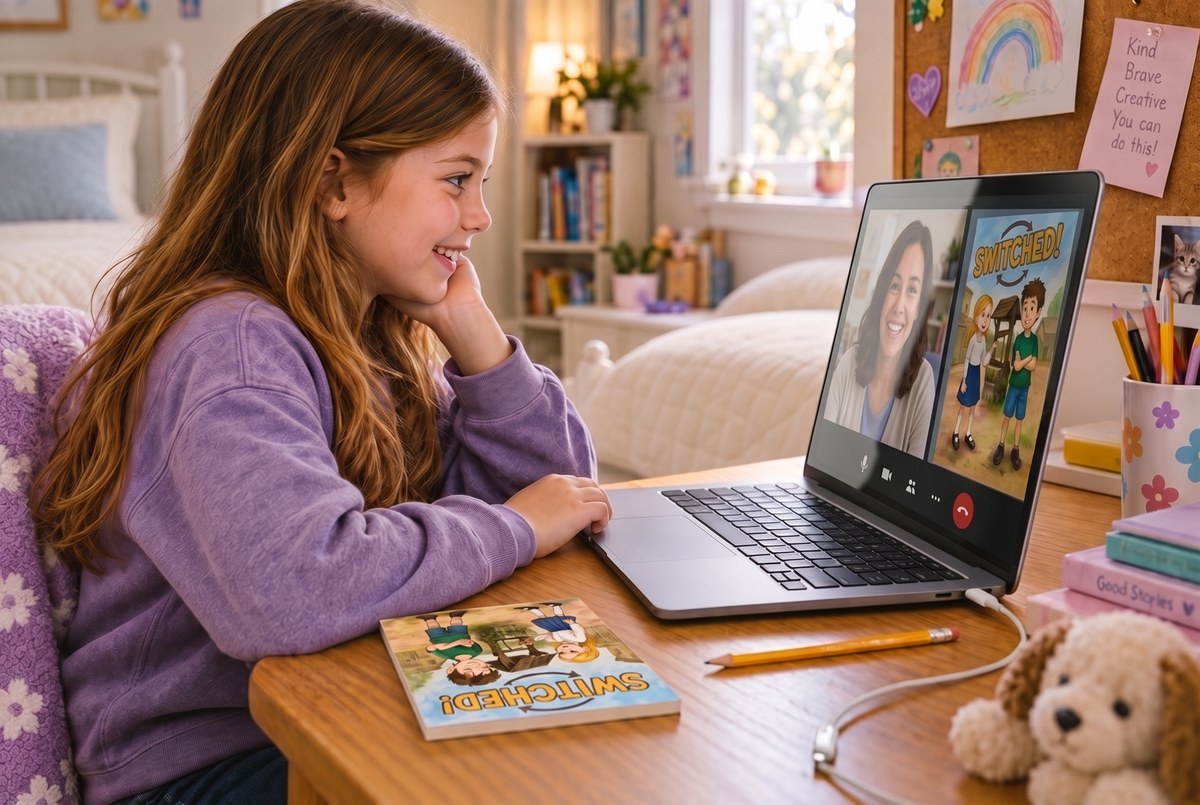 A girl smiling at her teacher on a laptop screen during a one-on-one online reading session, with the printed book Switched! on the desk in front of her