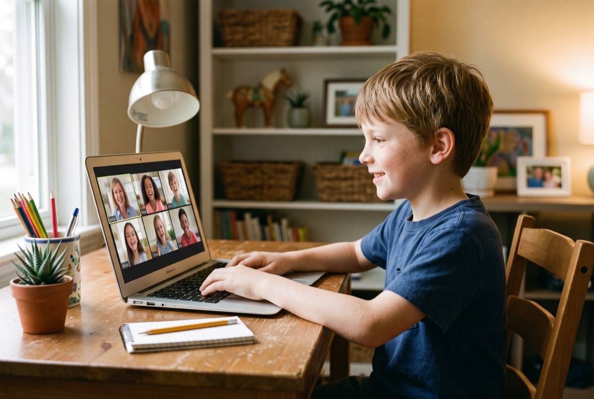 A boy in a live online reading tutoring session with his teacher on screen