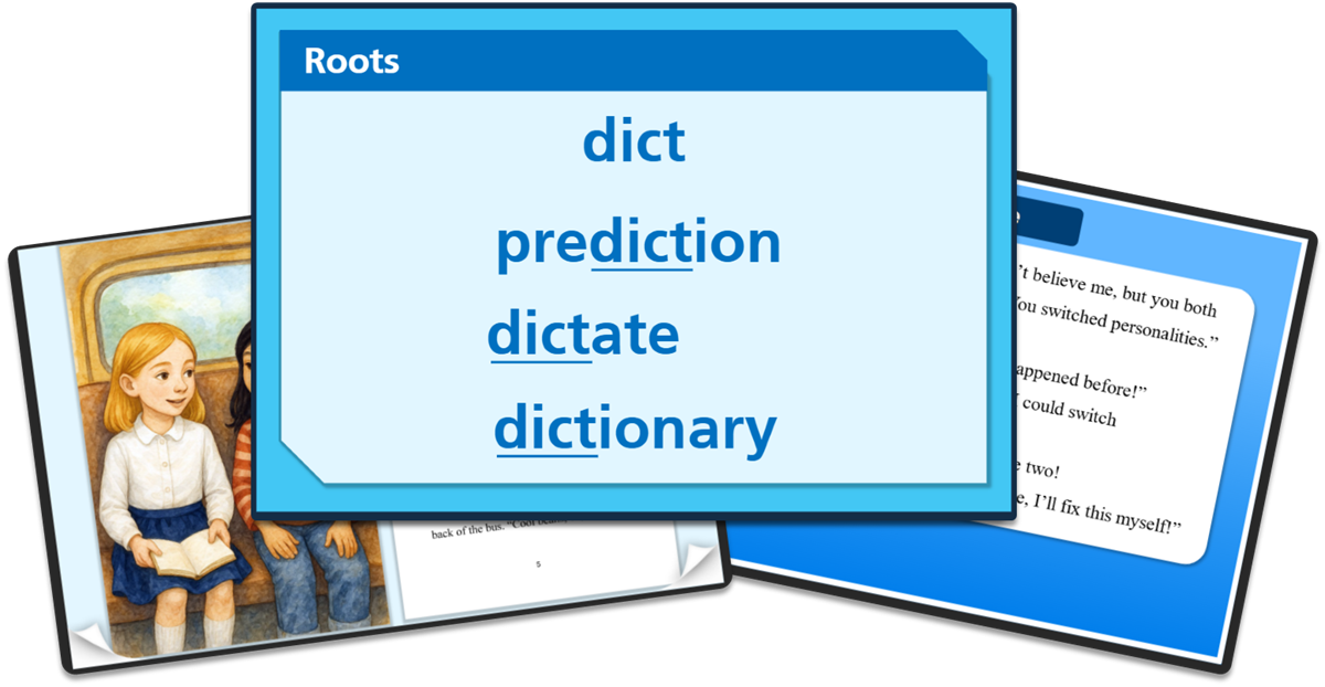 Three screens from a between-session online lesson: a Latin and Greek roots vocabulary screen, the printed book Switched!, and a story page